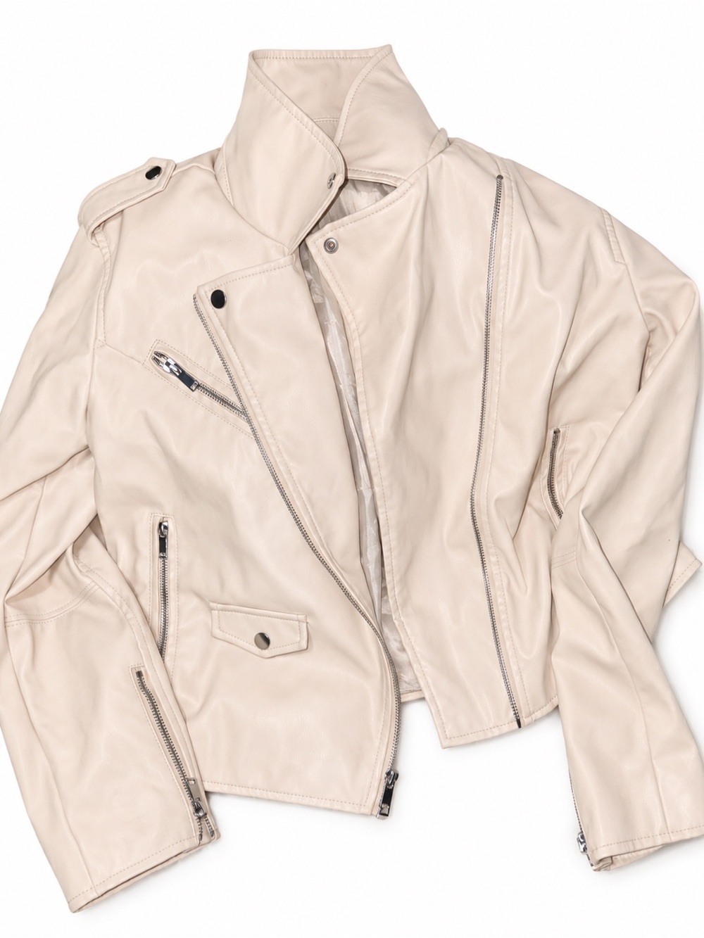 Nine West Light Cream Leather Moto Jacket